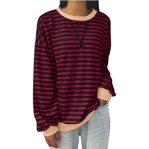 Women Sweatshir Striped Oversized Long Sleeve Crewneck Hoodies Shirt 2024 Fall Pullover Top Trendy Preppy Clothes