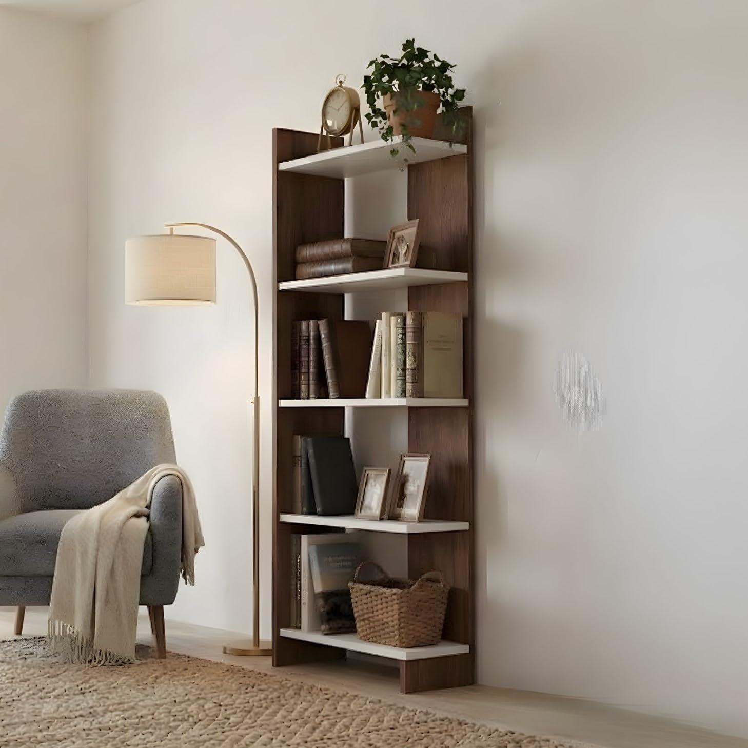 Wudville Dekster Multipurpose Floor Corner Stand Bookshelf with Home Decor Display Shelves Wall Book Storage Rack Organizer Cabinet Living Room Bedroom Office Home (Classic Brown & Beige)