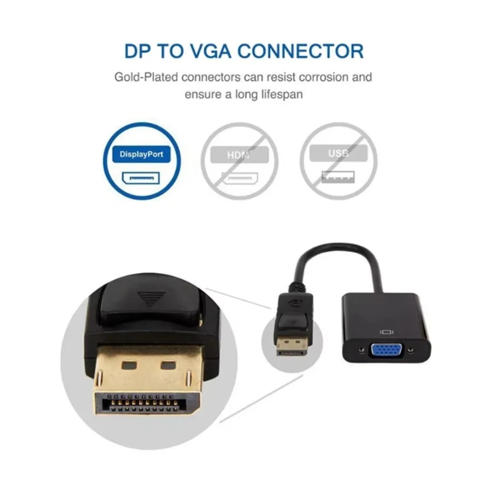Adapter 1080P DP do VGA pozłacany męski na żeński do komputera, laptopa, projektora, monitora, (czarny)