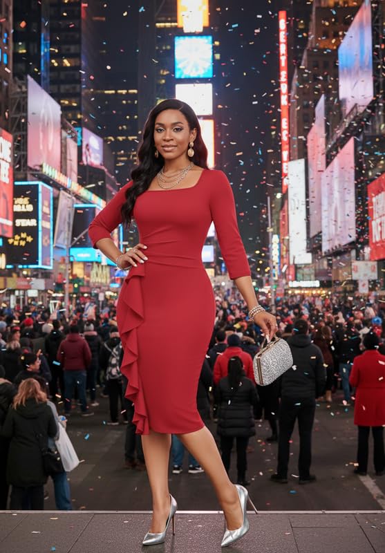 Image of MarryUP Womens Work Dresses Elegant Square Neck 3 /4 Sleeve High Waist Bodycon Ruffle Vintage Church Pencil Midi Dress