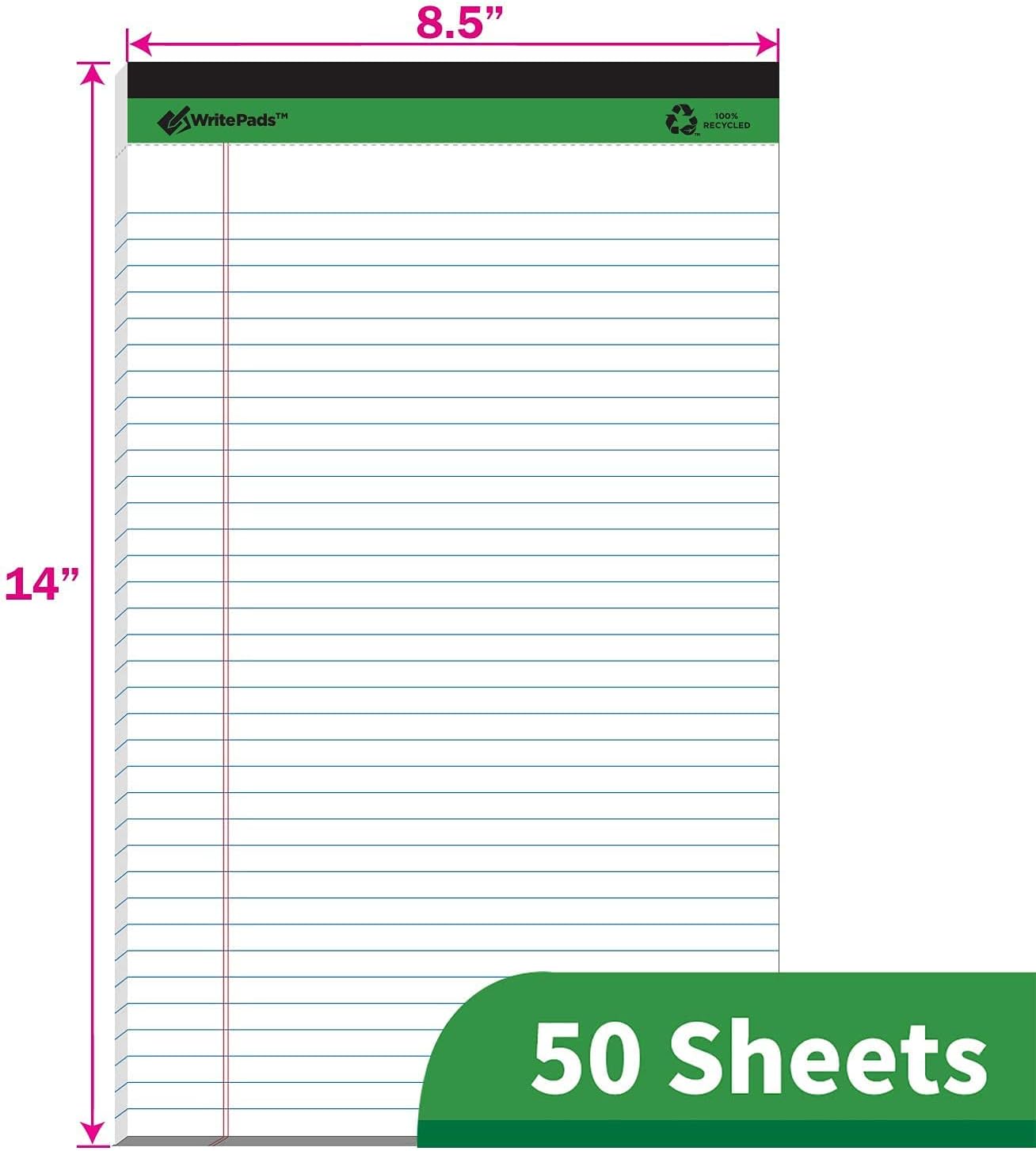 KAISA White Legal Pads Writing Pads 600 Sheets Recycled Paper, 8.5"x14" Wide Ruled Lined Paper Perforated 50 sheets Hard Back Notepads Large Legal Pad Writing Tablet For Office Supplies (White 12pads)