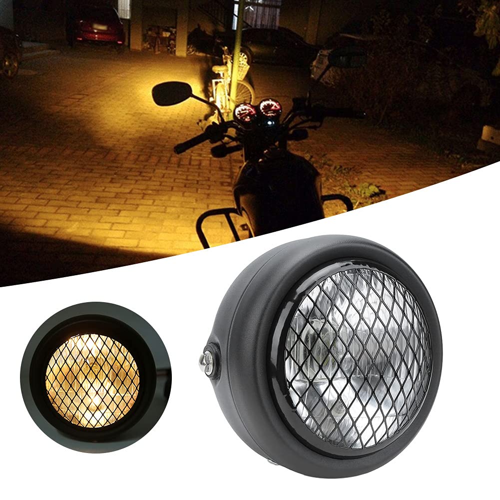Faro anteriore retrò universale per moto DC12V, faro anteriore a fascio alto/basso impermeabile con lente in vetro curvo, custodia in ferro per CG125 GN125 ((Guscio nero e copertura bianca))