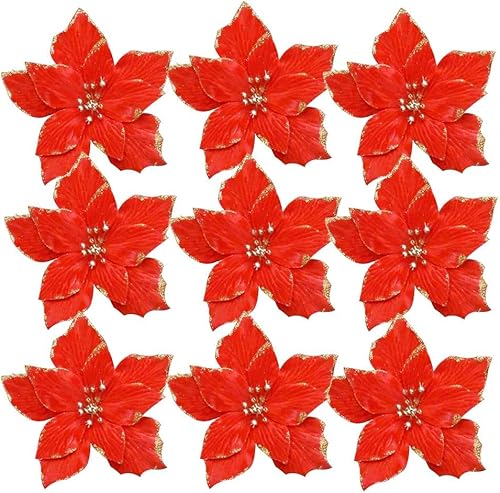 Miniatura 4 de 12 flores de Pascua artificiales de Navidad, flor de pascua roja con clip, adornos de árbol de Navidad, purpurina roja