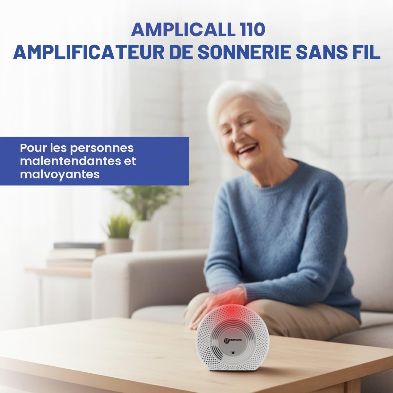 Geemarc Amplicall 110 - Amplificateur de Sonnerie de Téléphone Fixe avec Alarme Puissante et Flash Lumineux - Compatible avec Une Gamme d’Avertisseurs pour la Maison à Destination des Malentendants