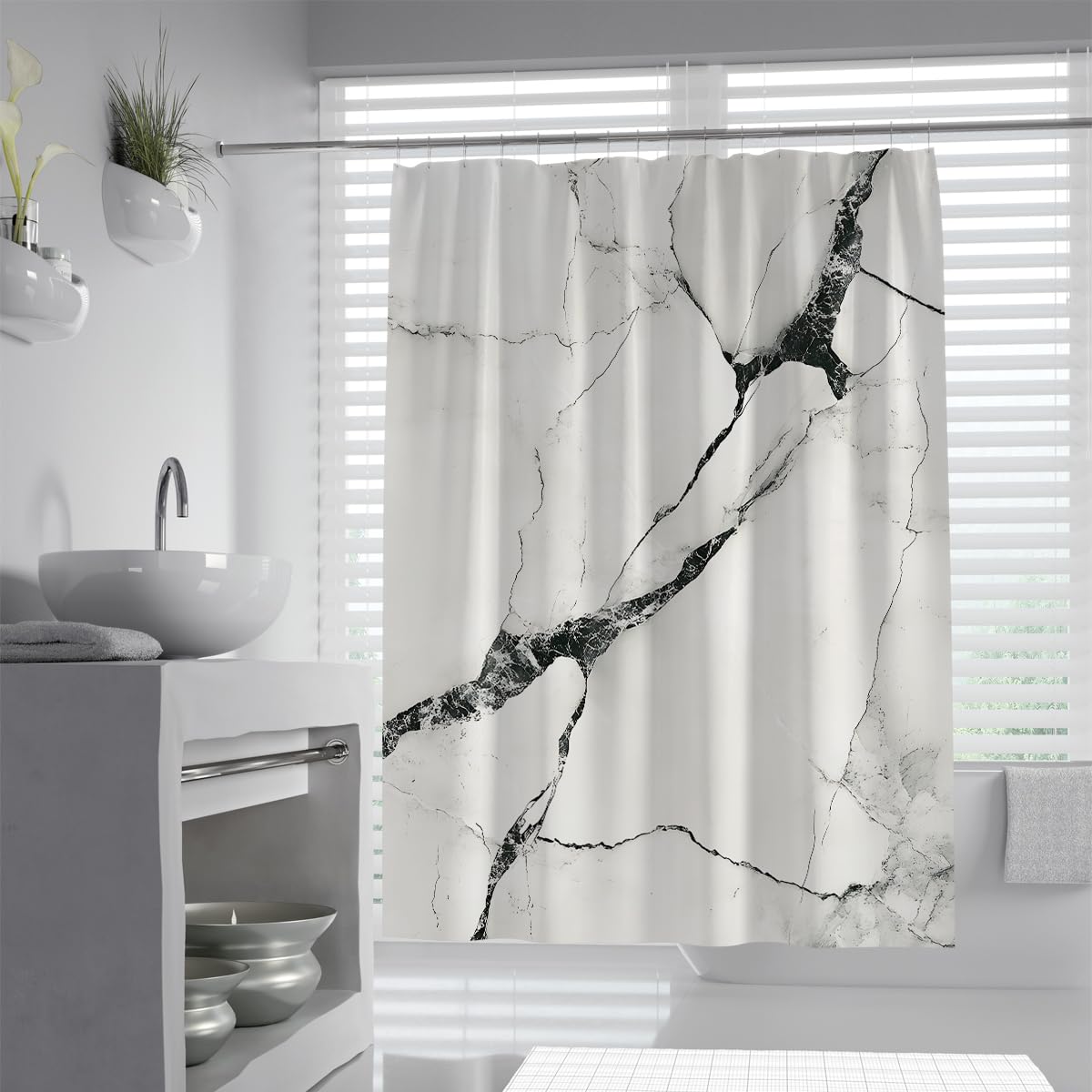 Badevorhang mit weißer Steinstruktur, Schwarze Streifen, geometrische fließende Kunst, Duschvorhang – minimalistische Badewannenvorhänge für Elegante Spa-Badezimmerdekoration 180 x 200 cm