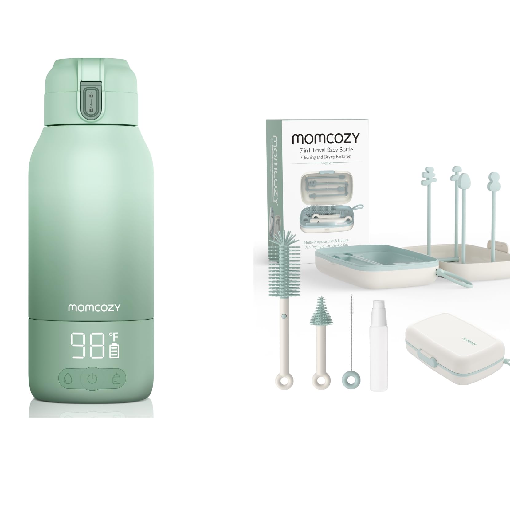 Momcozy Set 7-in-1 per biberon – kit pulizia completo con spazzola in silicone, punta per tettarelle, pulisci-cannucce,Momcozy Scaldabiberon Portatile, Riscaldamento Rapido e Lunga Durata della Batter