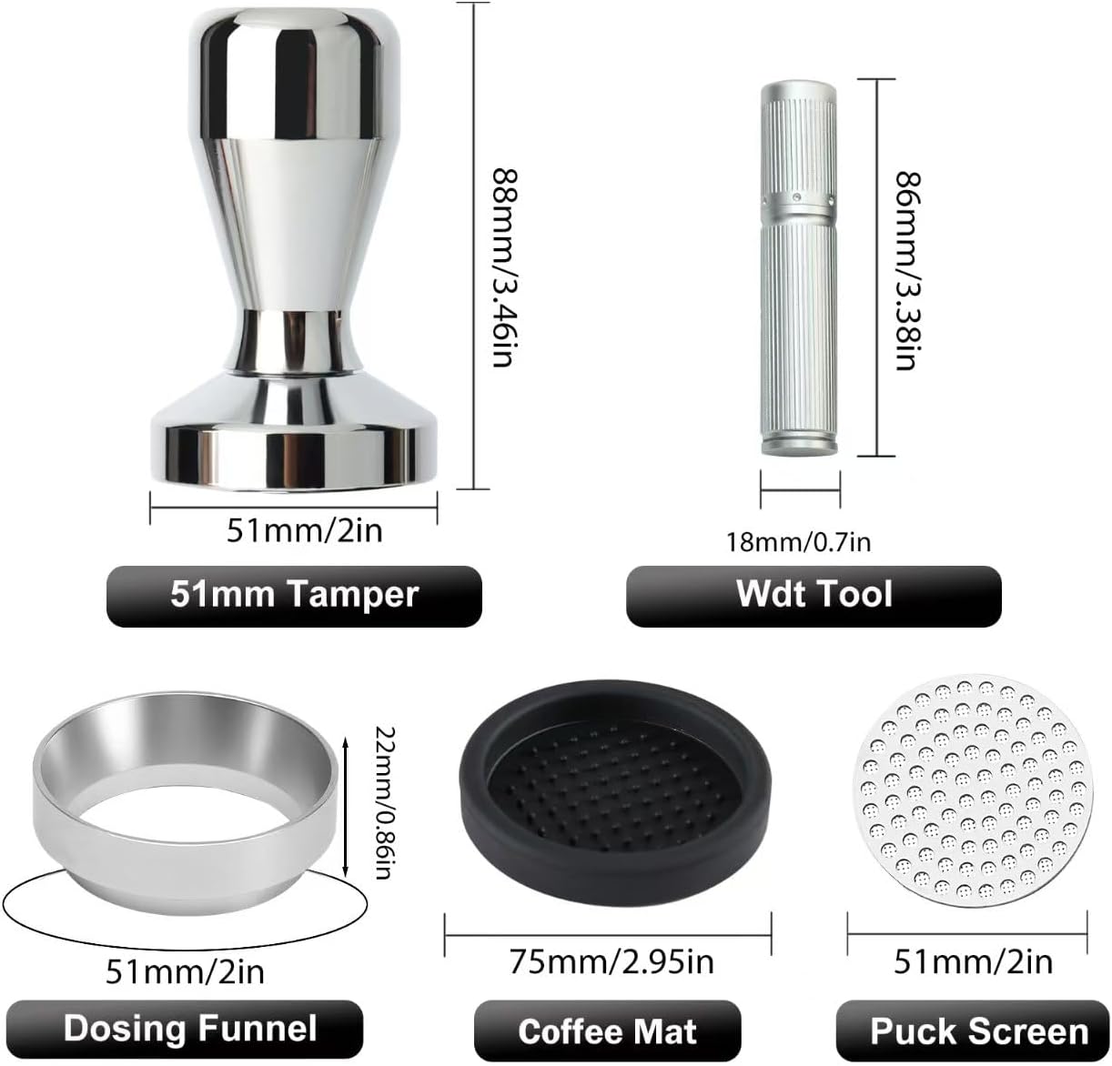 51mm Espresso Accessories Kit, 316 stainless steel Espresso Tamper, WDT Tool, Puck Screen and Dosing Funnel Set Fits Delonghi 51 mm Espresso Coffee Machines and Portafilter, Barista Tools