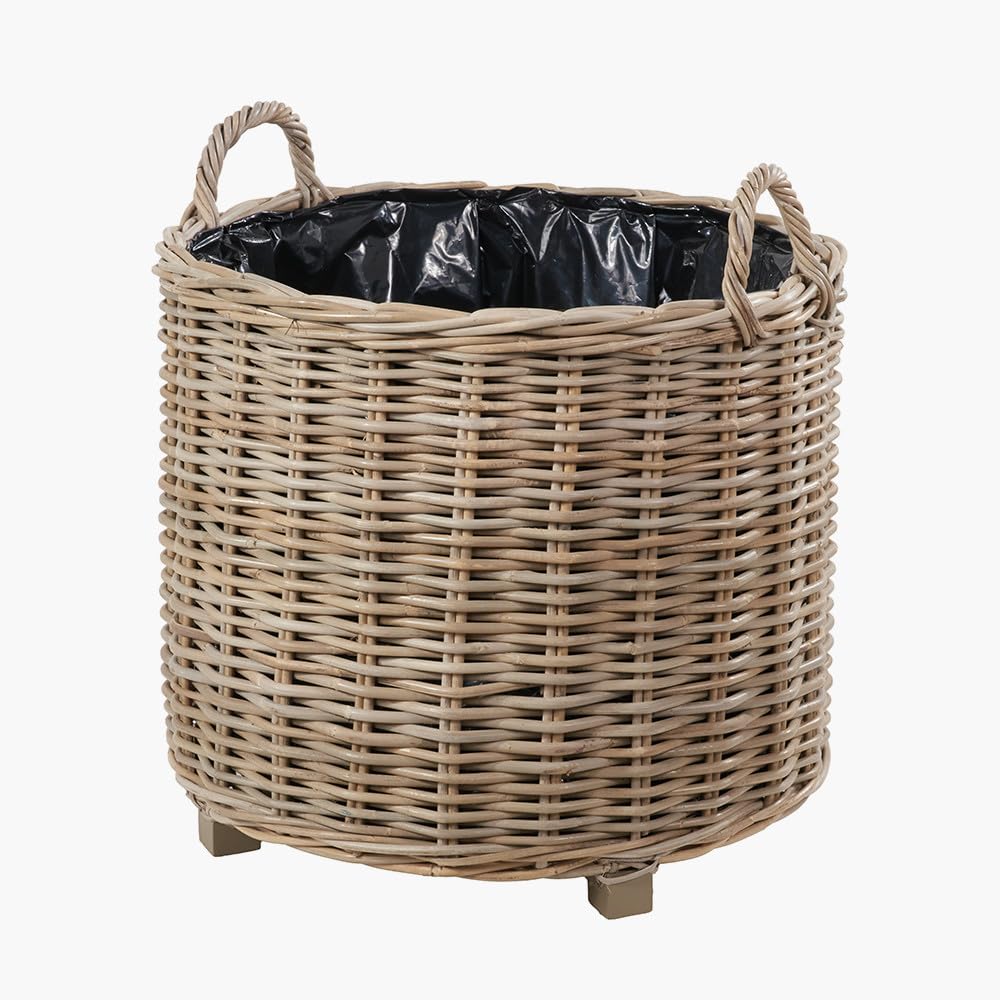 Bliss and Bloom Round Wicker Planter with Plastic Lining Grey & Buff Kubu Rattan Medium Basket Indoor Outdoor