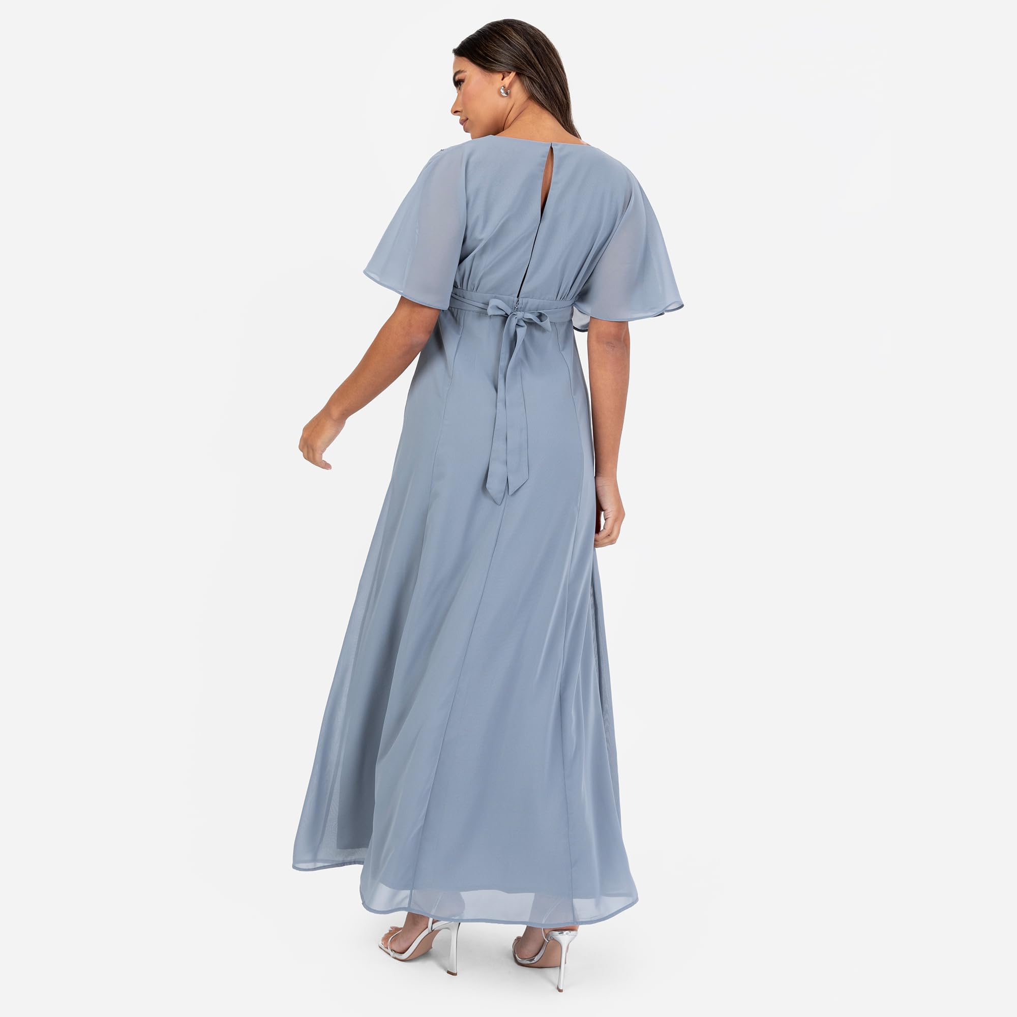 Women's Maxi Dress Ladies V-Neck Wide Sleeve Floral Embroidered Wrap Bodice Tie Belt Split Wedding Guest Prom Ball Gown