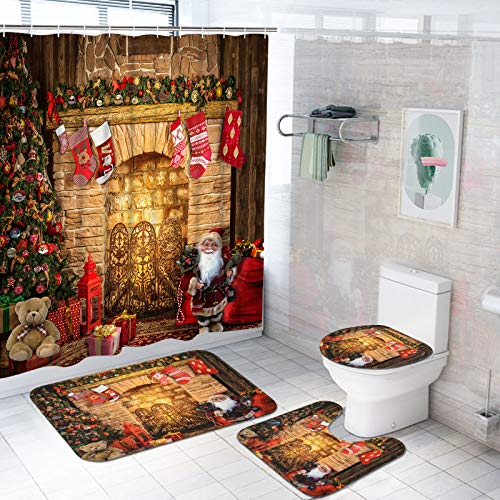 Ikfashoni Lot de 4 rideaux de douche « Merry Christmas » avec tapis antidérapant, housse de couvercle de toilette et tapis de bain, rideau de douche avec 12 crochets, joli cadeau de Père Noël Cover