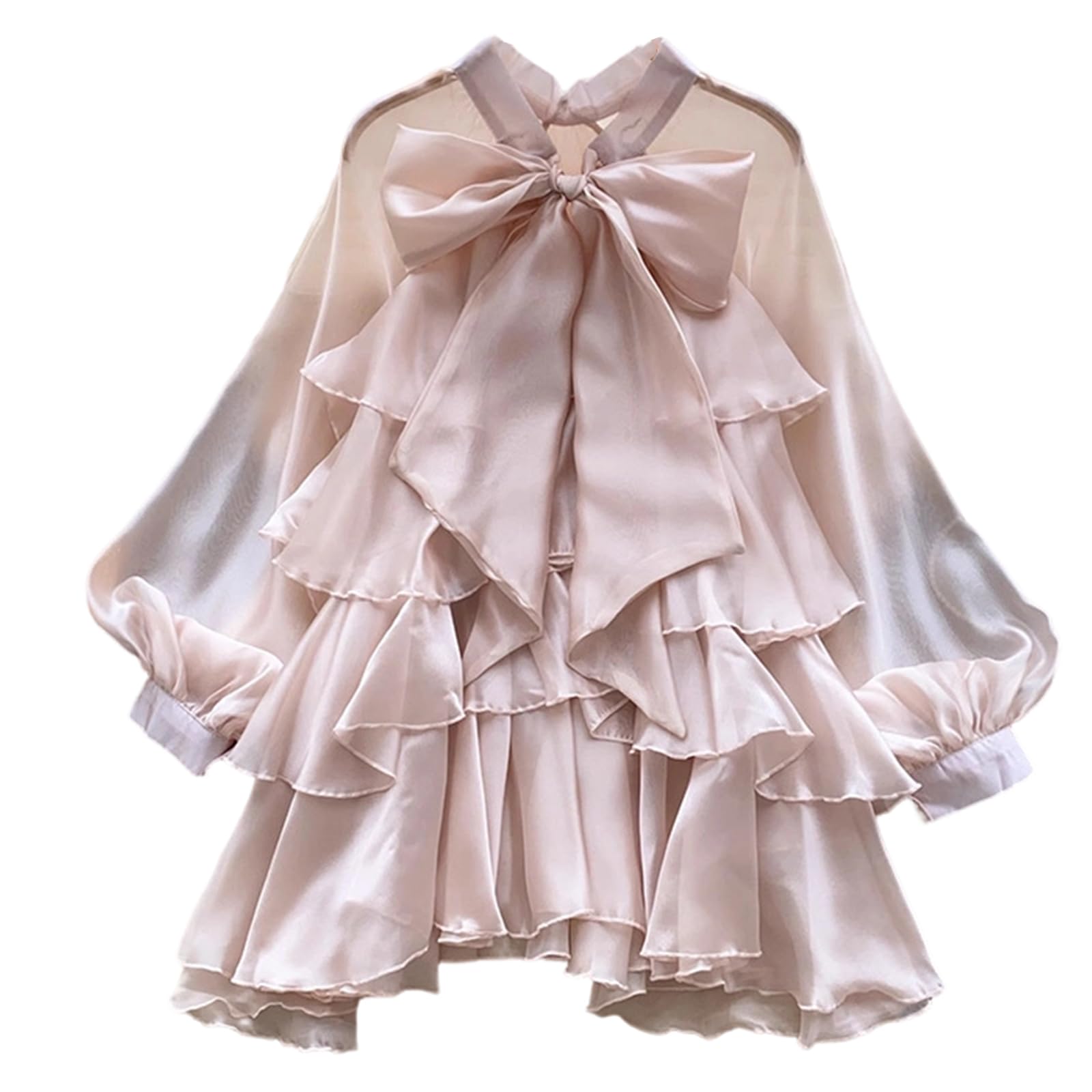 Blouse femme élégante à volants avec col noué, manches longues lanternes et volants superposés, chemise tendance pour le travail