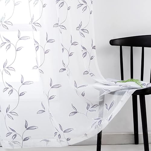 TERLYTEX Cortinas con patrón de hojas de 84 pulgadas de largo, cortinas bordadas transparentes con hojas para sala de estar, paneles de cortina de