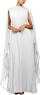 Women's Chiffon Pleated Flowy Maxi Dresses Cape Sleeve Pleated Cocktail Evening Party Dress - Buy now