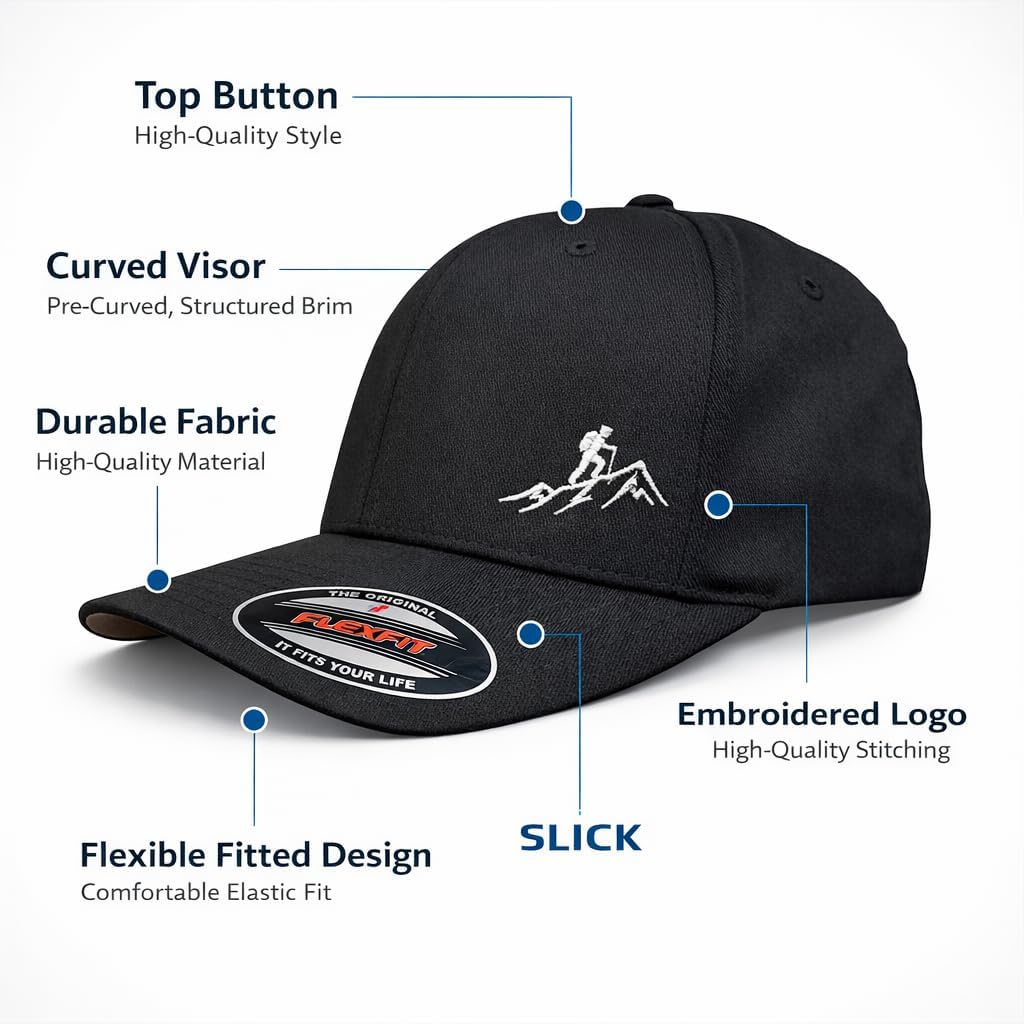 Hiking Hat for Men & Women – Flexible Fit Stretch Black Cap – Outdoor Hiking Hat – Structured Performance Baseball Cap