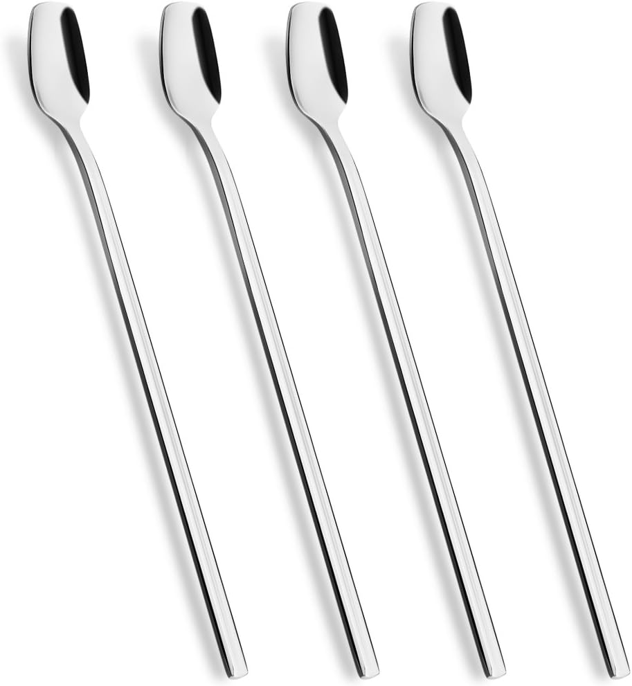 8-Inch Long Handle Iced Teaspoon, Stainless Steel Mixing Stirring Square Spoons for Cocktail Ice Cream Milkshake Cold Drink Ice Coffee, Set of 4