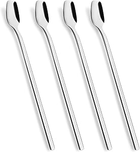 8-Inch Long Handle Iced Teaspoon, Stainless Steel Mixing Stirring Square Spoons for Cocktail Ice Cream Milkshake Cold Drink Ice Coffee, Set of 4