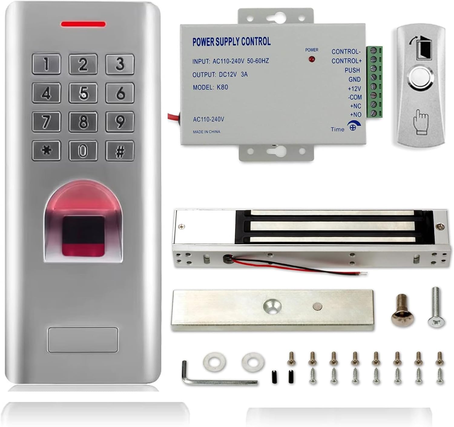 MENGQI-CONTROL Waterproof Metallic Fingerprint Password Entry Management system for Outside/Indoor Use,Biometric keyless Entry, 600Lbs Magnetic Lock Energy Provide Metallic Exit Button