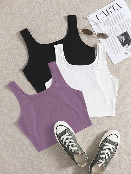 Image of Toochki Women's Knitted Sleeveless Solid Sqaure Neck Ribbed Tank & Crop Tops (Pack of 3)