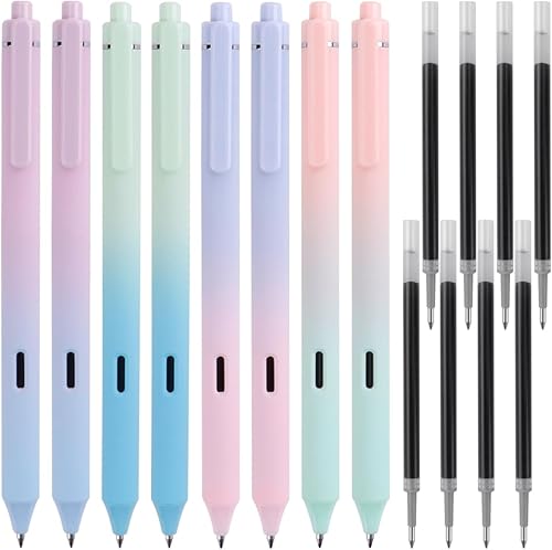 8 bolígrafos retráctiles de tinta de gel, punta fina de 0.020 in, con 8 recambios negros, bolígrafo estético de gel de color degradado, bolígrafos