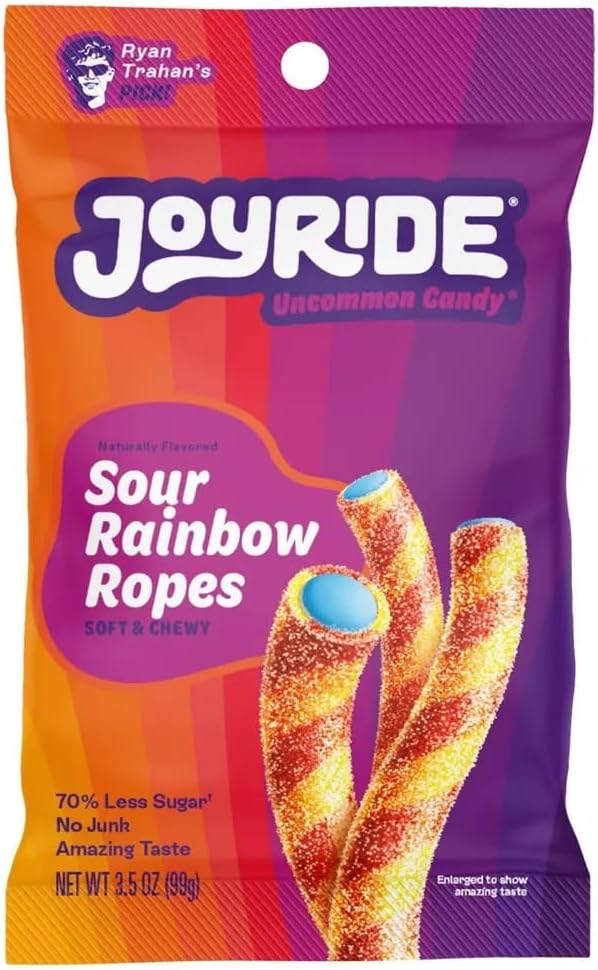 Joyride Sweets Sour Rainbow Ropes, Soft Chewy Sour Taffy Candy, 70% Less Sugar, Plant Based Candy, 3.5oz Pack
