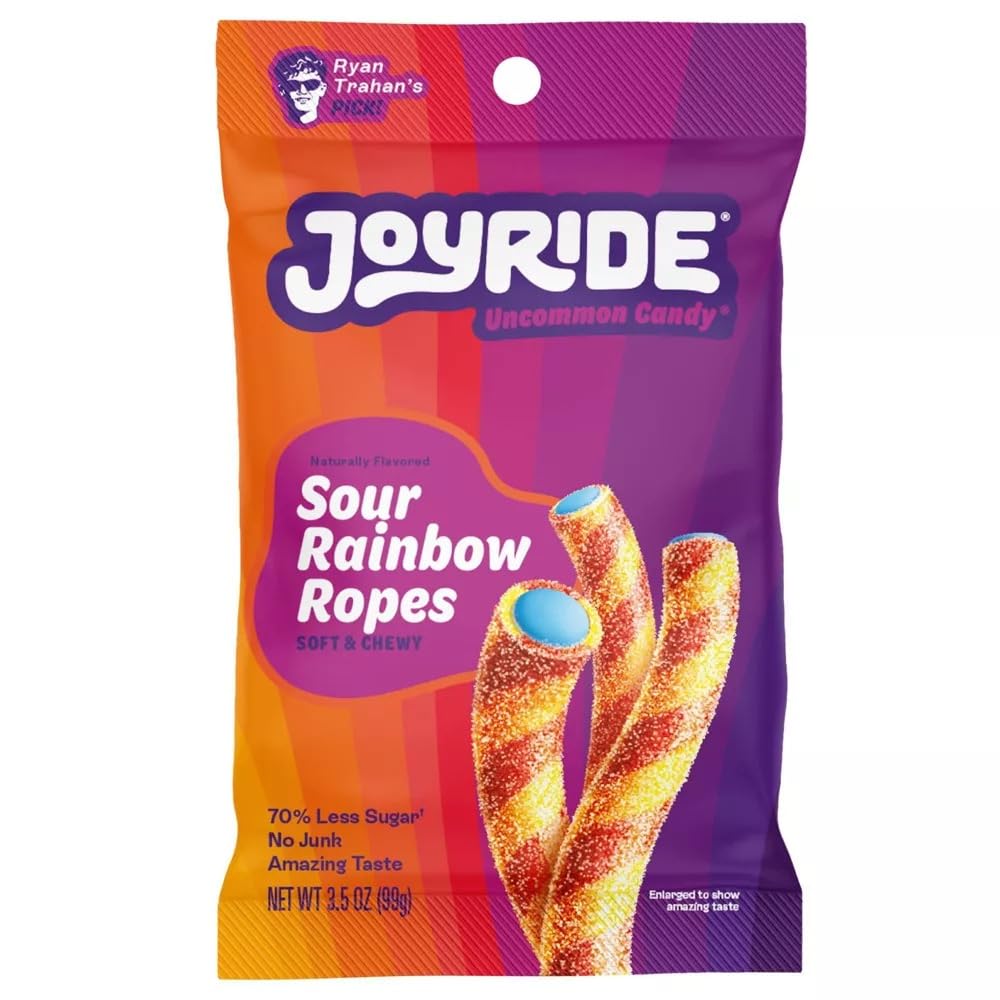 Joyride Sweets Sour Rainbow Ropes, Soft Chewy Sour Taffy Candy, 70% Less Sugar, Plant Based Candy, 3.5oz Pack