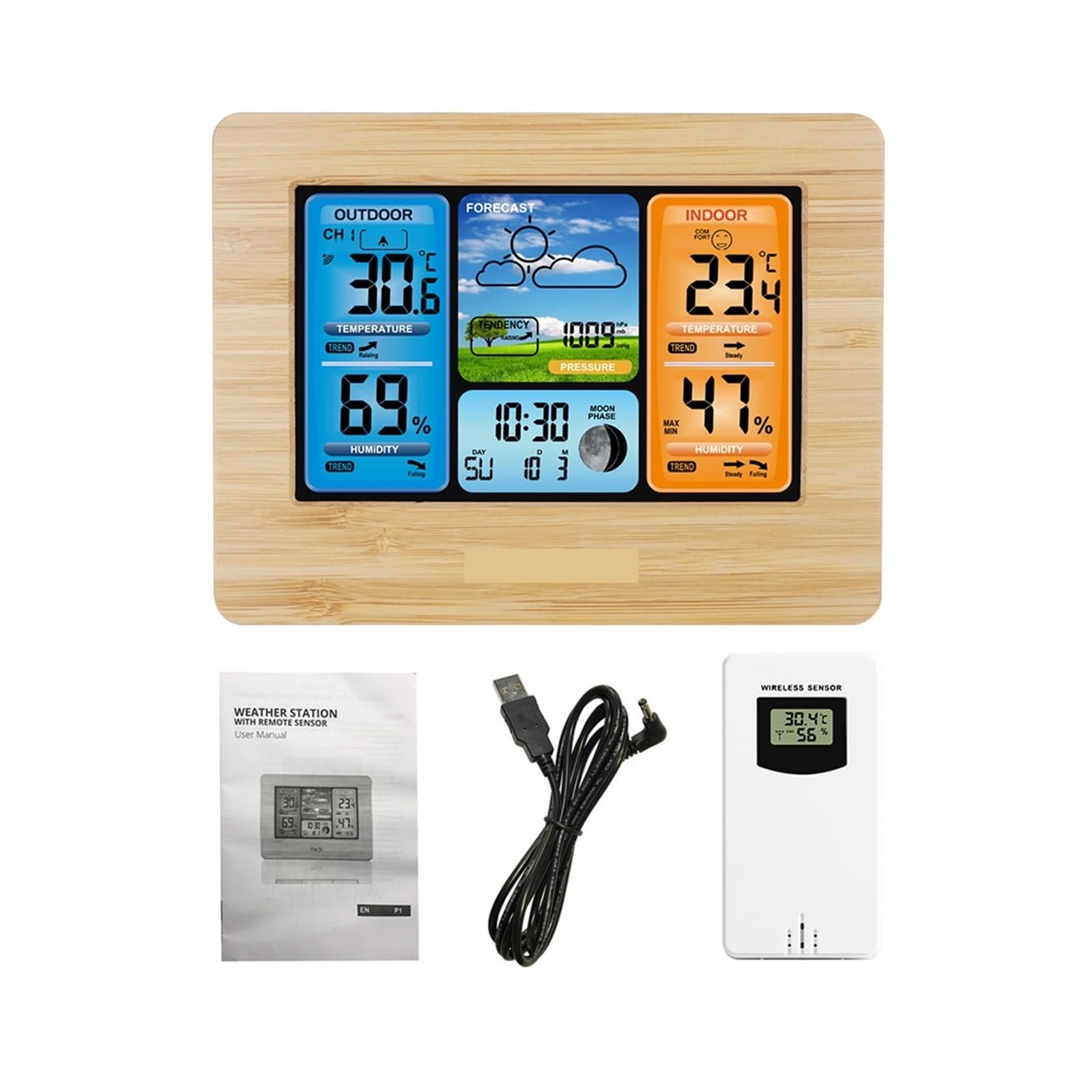 Termohigrometr Cyfrowa Stacja Pogodowa LCD Termometr Higrometr Barometr Budzik Prognoza Pogody Czujnik Bezprzewodowy Domowy Higrotermograf(Wood)