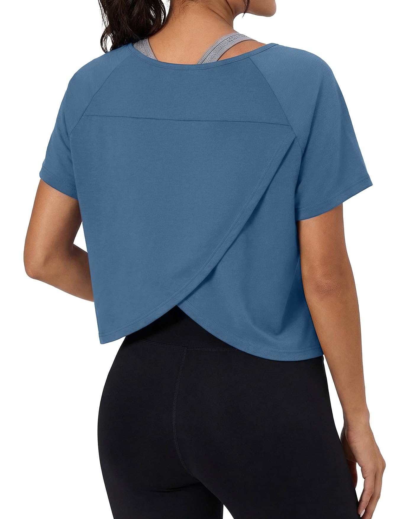 GRECERELLE Workout Tops for Women Short Sleeve Athletic Shirts Running Yoga Crop Gym Pilates Top Crossover Back Y2k — view 15