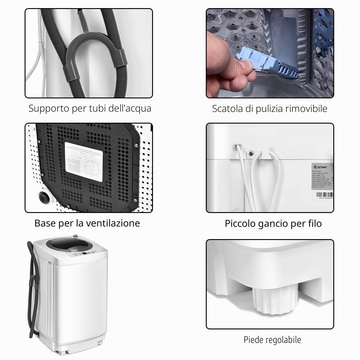 FANTASK Lavatrice completamente automatica, 3,5 kg, mini lavatrice con centrifuga, 6 programmi, 240 W, con pompa per appartamenti, camper e campeggio