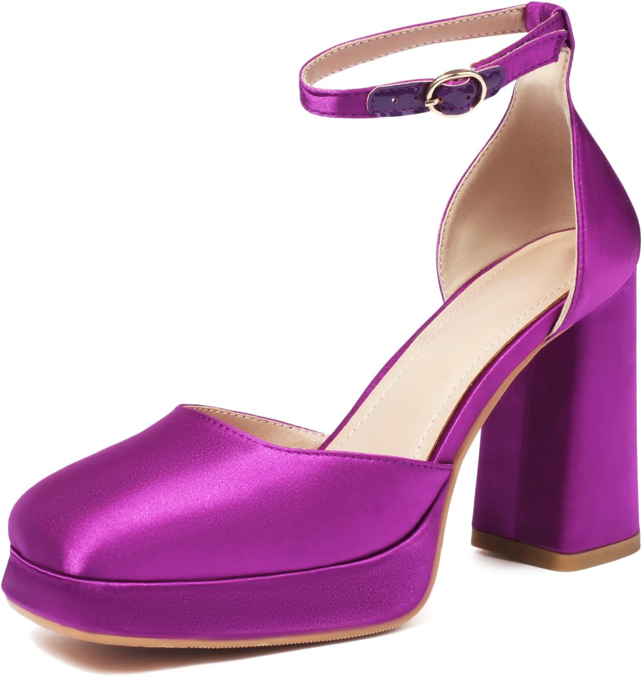 XIEDA Women's Closed Toe Platform Chunky High Block Satin
