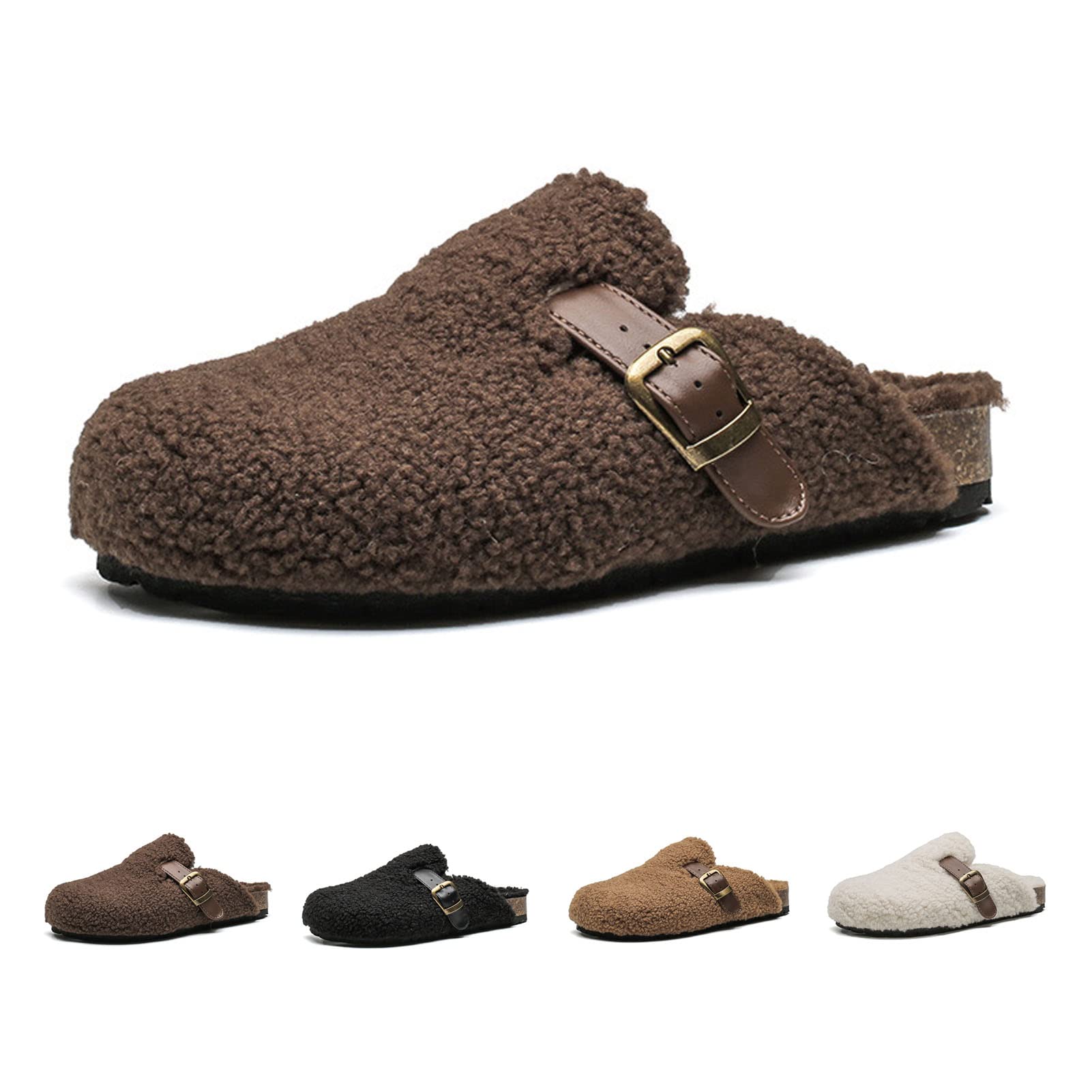 CT-Tebrun Women Shearling Slipper，Buckled Sherpa-effect Loafers With Round Toe Clog Soft Fuzzy Slip On Mules Women's Slippers