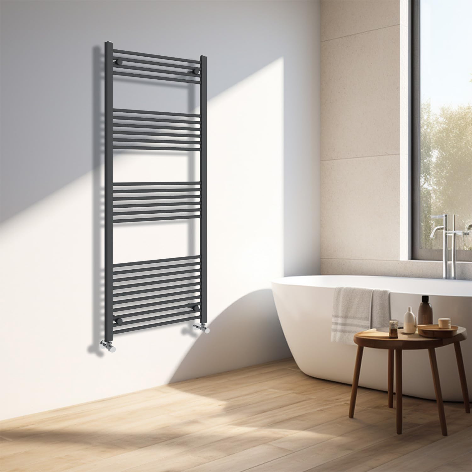Radiador de baño con toallero recto que optimiza el espacio y calienta toallas