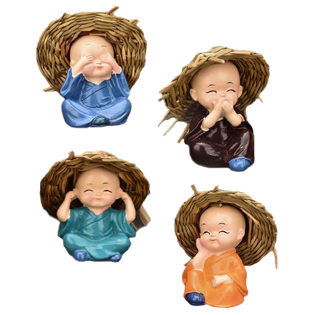 GANAZONO Home Decor ation 4pcs Laughing Monks Statue Miniature Buddha Monk Car Showpiece Figurines Desktop Cute Monk Figure Bonsai Monk with Hat for Car Dashboard Home Office Decoration