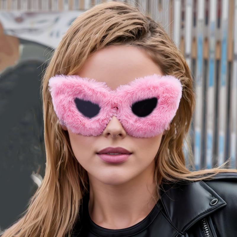 LASPOR Women Plush Fuzzy Cat Eye Sunglasses Punk Soft Velvet Shades Ladies UV400 Handmade Party Eyewear3