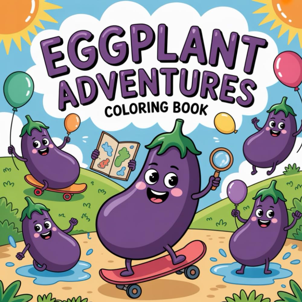 Eggplant Adventures Coloring Book: Discover the charm of eggplants with whimsical designs and leafy vine accents.