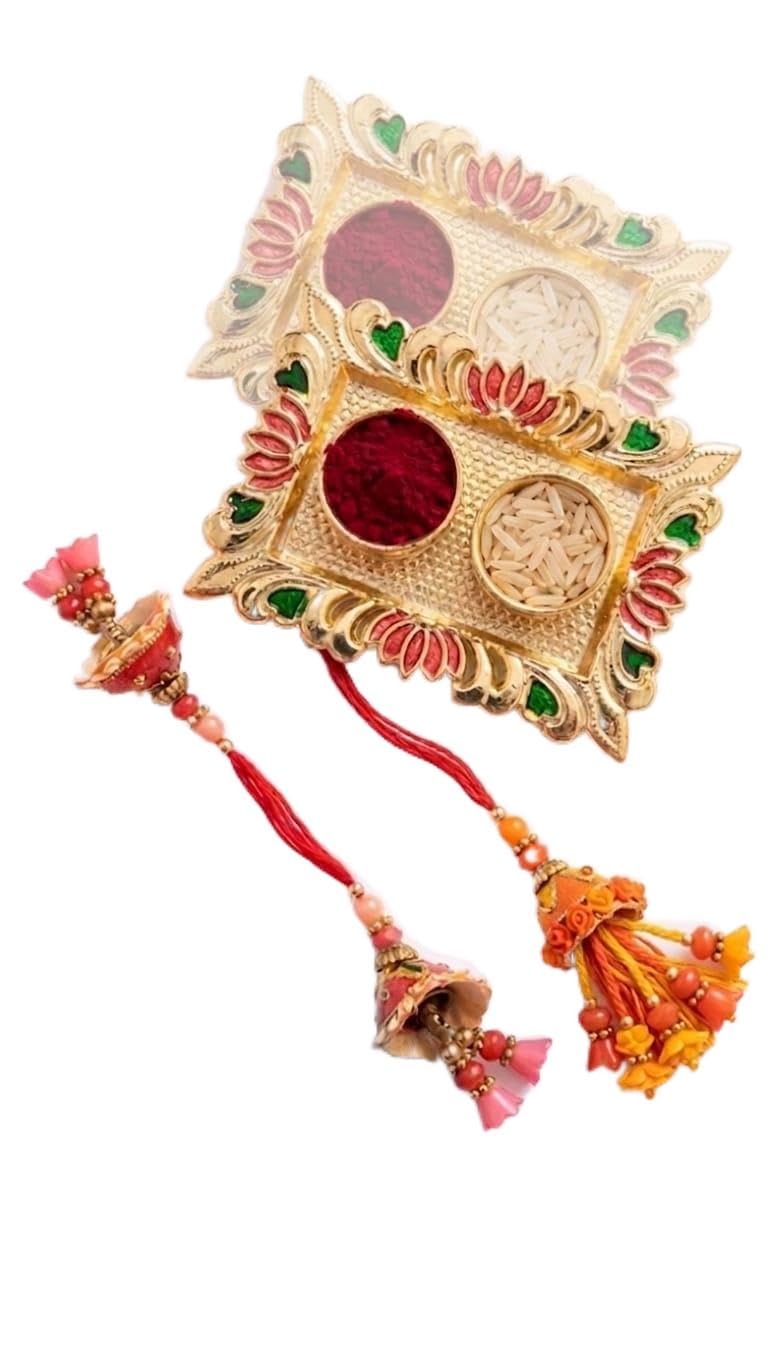 lumbha rakhi pack of 2 for women and bhabhi Kumkum, Chawal in box | Gold-Toned Metal Tray, Lotus Enamel Design, Meenakari Finish, Festive Puja Accessory, Jhumki Tassels Included-image-37