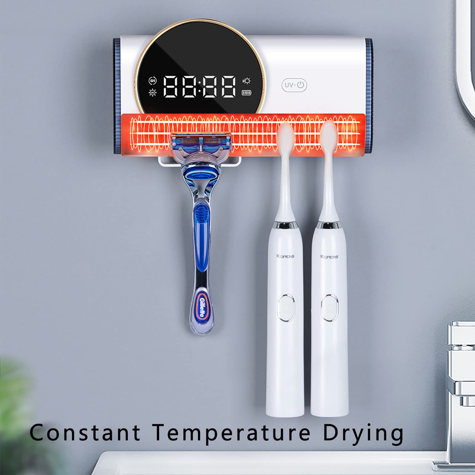 Porta Cepillo de Dientes, Soporte Cepillo de Dientes con Afeitadora Función Esterilizador y Secado, LED Dispensador Pasta Dientes, Organizador Baño USB Recargable, Blanco