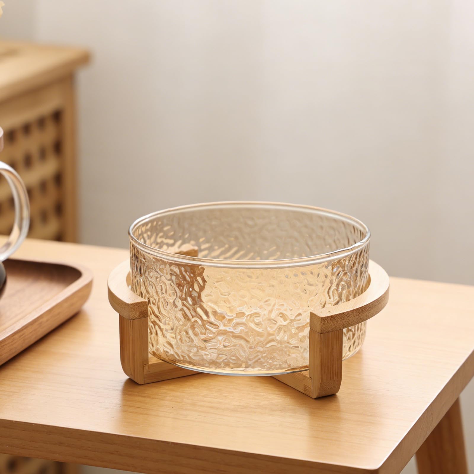Bol para Ensalada de Vidrio con Efecto Ondas de Agua y Base de Bambú Dorado, Elegante y Resistente, Adecuado para Picnics y Mesa de Comedor