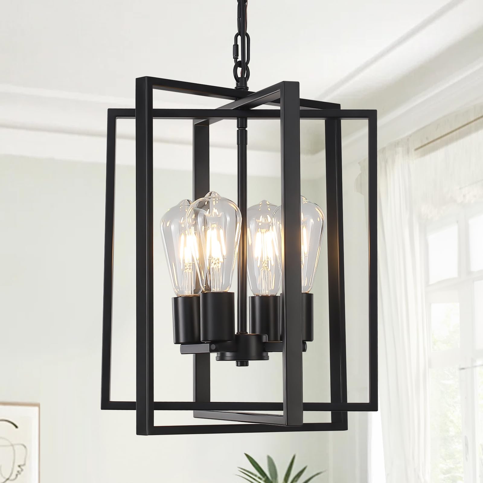 Photo 1 of Webfkh 4 Light Modern Farmhouse Chandelier for Dining Room, Black Pendant Lights Fixtures for Kitchen Island, Foyer Lighting Fixtures High Ceiling for Entryway Hallway Living Room Bedroom