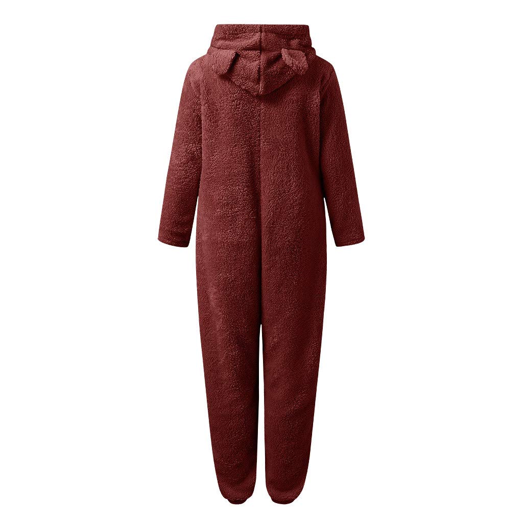 Onesie - Tutina da donna in pile, casual, tinta unita, per adulti e donne, pigiama, a maniche lunghe, con orsacchiotto, in pile, Vino, s
