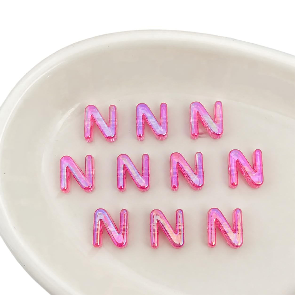 Letter Beads 10pcs, Large Acrylic Alphabet Beads with 6mm Hole, Iridescent Holographic UV Plated for Bracelet Making, Jewellery, Keyrings & Craft (Iridescent Pink, Letter N)