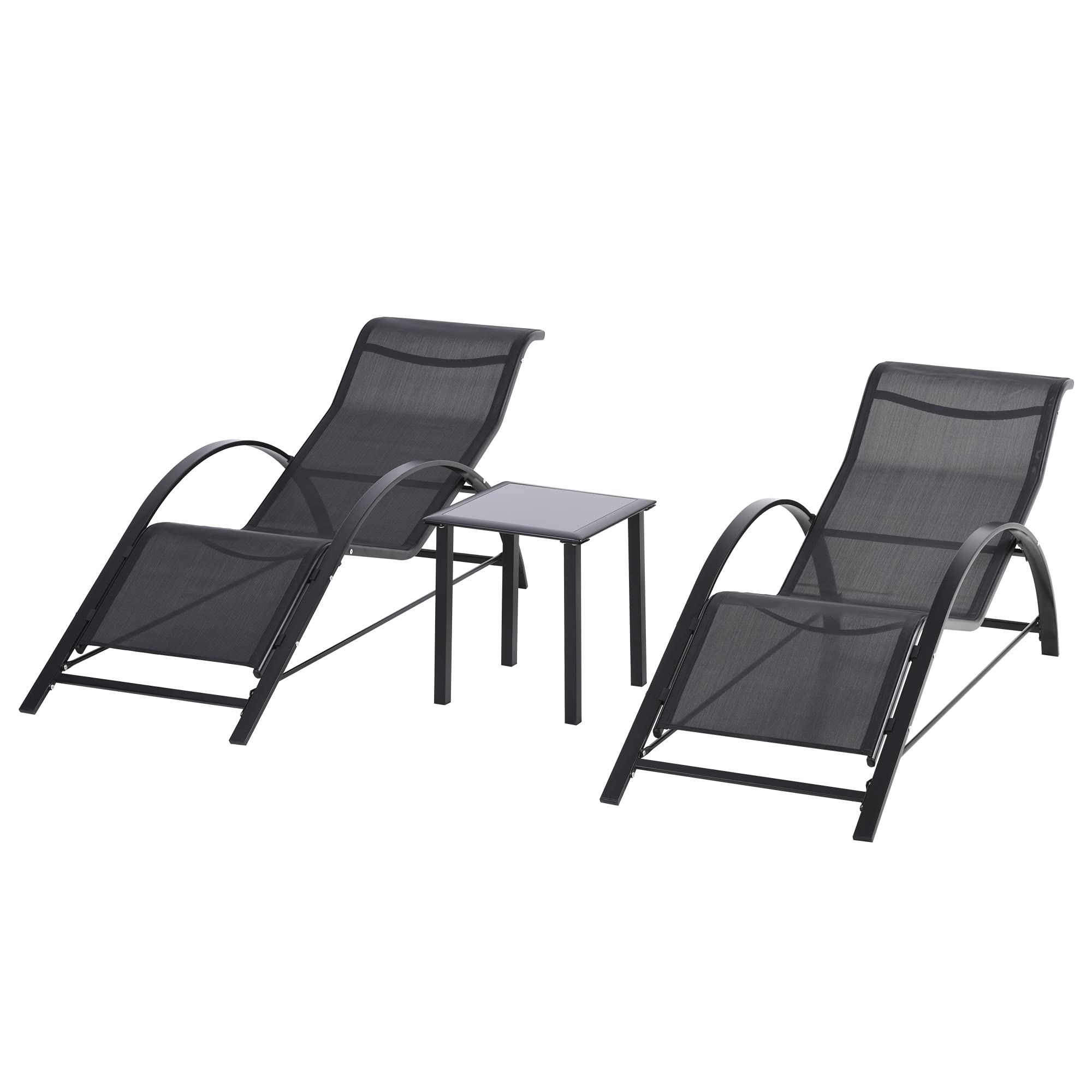 Outsunny Set de 2 Tumbonas Jardín Exterior con Mesa Auxiliar de Vidrio Templado Tumbonas con Respaldo Reposabrazos para Patio Piscina Terraza Exterior Negro
