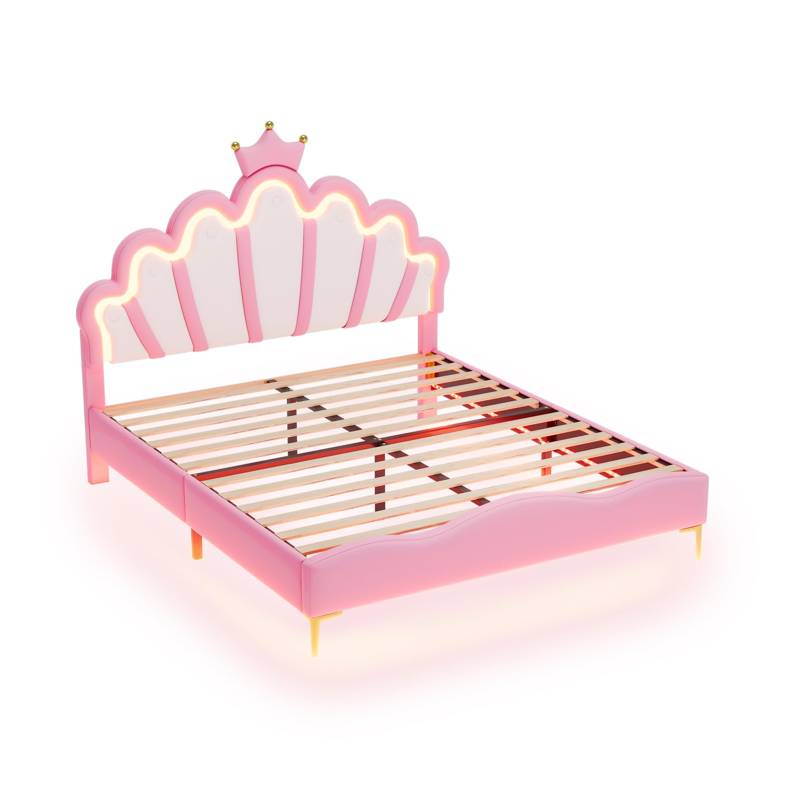 Letto matrimoniale imbottito per bambini, 140 x 200 cm, letto per ragazze con testiera LED imbottita e rete a doghe, in poliuretano, senza materasso (Rosa, 140x200cm)
