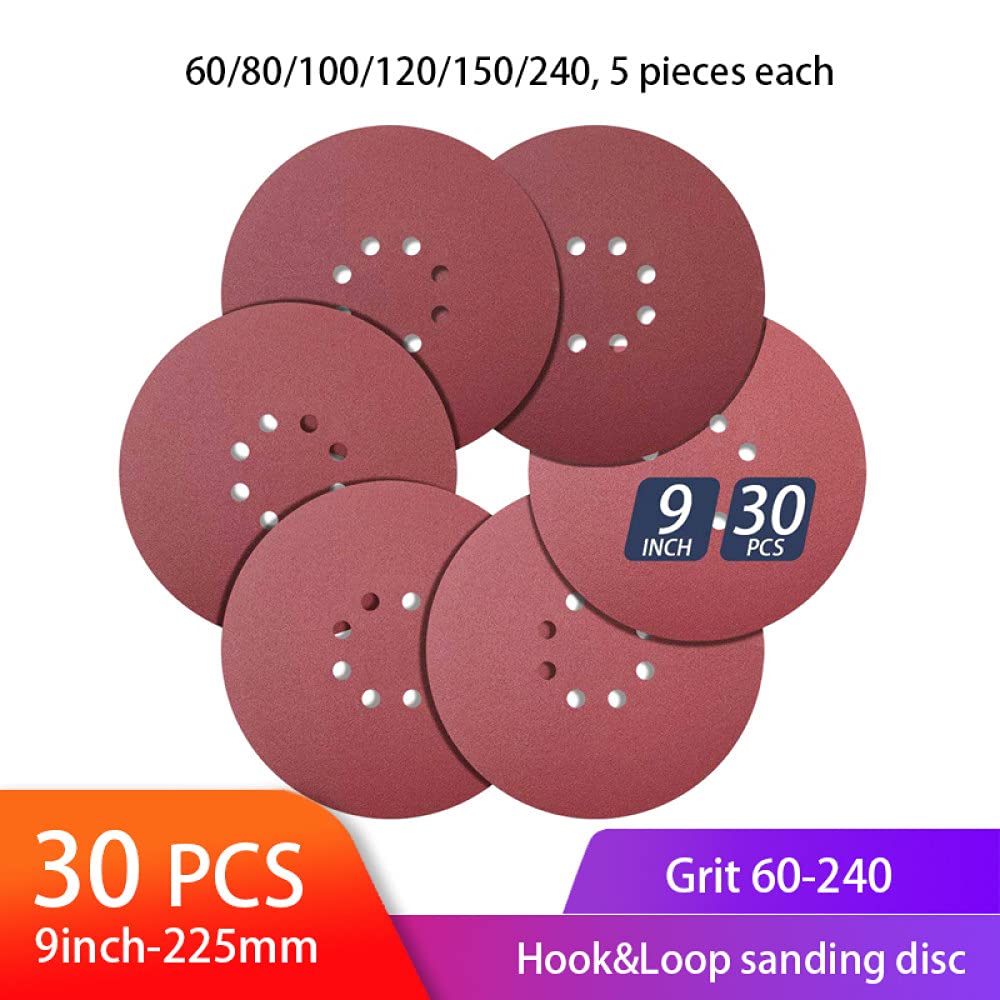 Discos de lijado de 8 agujeros de 9 pulgadas, 30 unidades, surtido de papel de lija de gancho y bucle, almohadillas para lijadora orbital, 5 unidades de cada grano 60 80 100 150 180 240,80