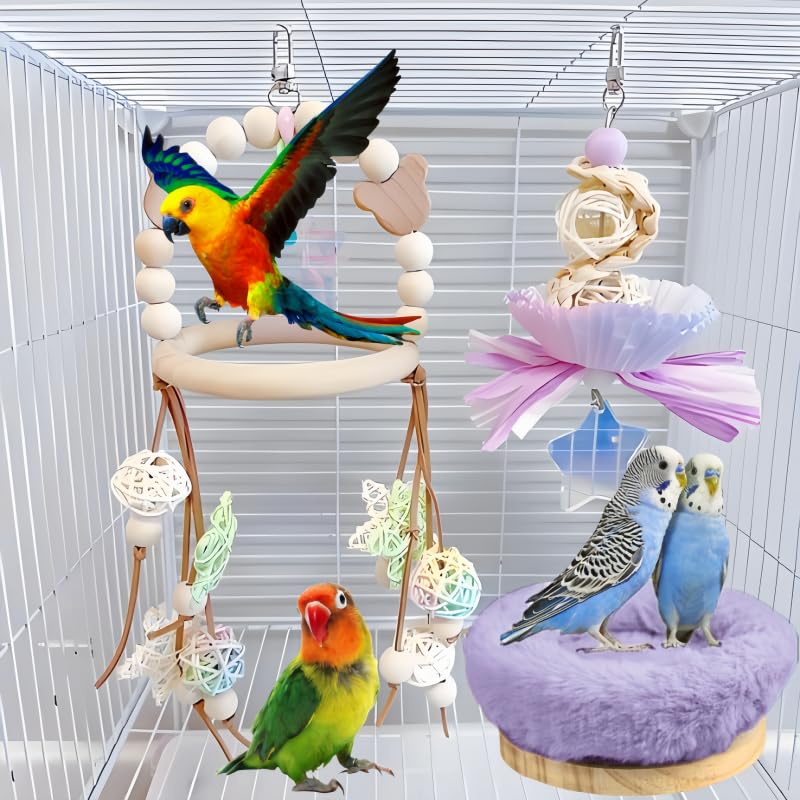 Image of 2Pcs Bird Perch Stand Platform Plush Parrot Hanging Hammock Warm Bird Nest Snuggle Hut Birds Sleeping Bed Wood Perch for Parrot, Budgies, Parakeet, Cockatiels, Conure, Lovebirds-Purple&Grey