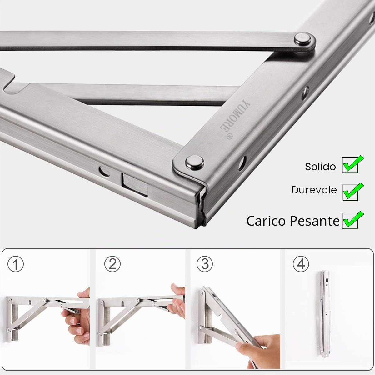 YUMORE Staffe Pieghevoli per Mensole 400mm,YUMORE Reggimensola Pieghevole Inox Supporti per Mensole Pesanti Tavolo da Parete Salvaspazio fai-da-te Staffe Triangolari, Carico Massimo 150kg, [2 Pezzi]