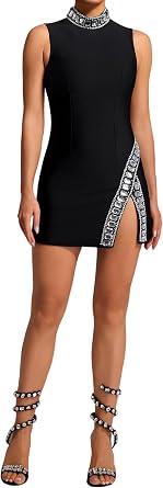 BELLA BARNETT White Mini High Neck Sleeveless Crystal Tank Dress Asymmetric Rhinestone Trimmed Slit Party Dress