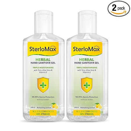 SterloMax Herbal Hand Sanitizer Gel with Tulsi, Aloe & Vitamin E. 80% Ethanol Alcohol based Sanitizer gel. 240 ml. Pack of 2