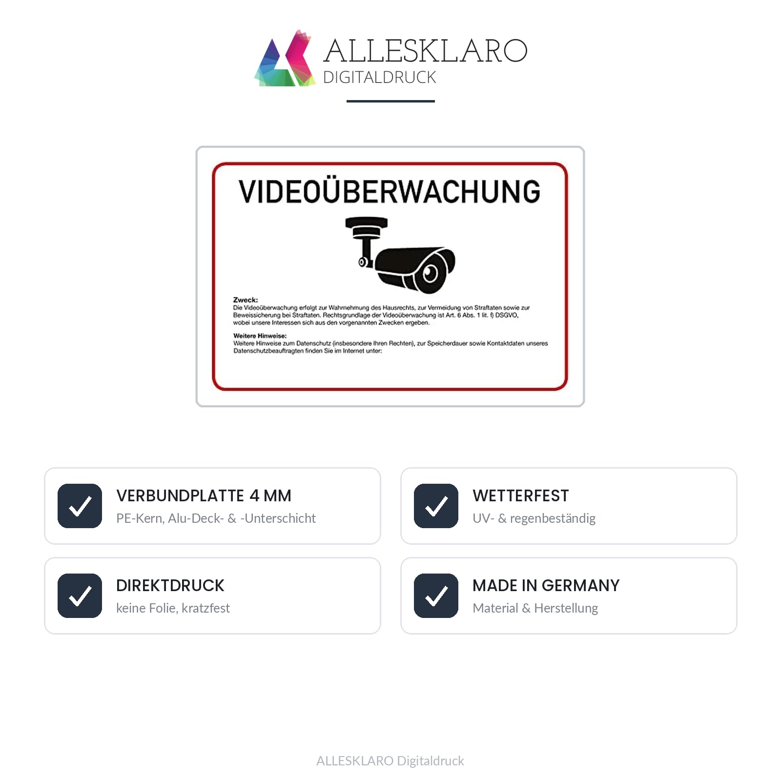 Videoüberwachung - Schild - Text nach DSGVO und Ihr Text- 4 mm Alu Verbundplatte (60 x 40 cm)