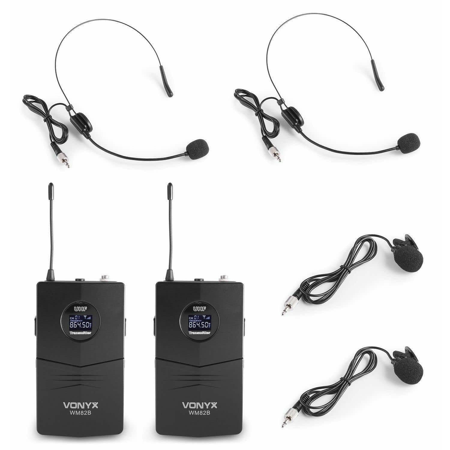 Vonyx WM82B Sistema UHF Digital con 2 Diademas | Diadema y solapa, receptor dual, salidas XLR, alcance hasta 50 m