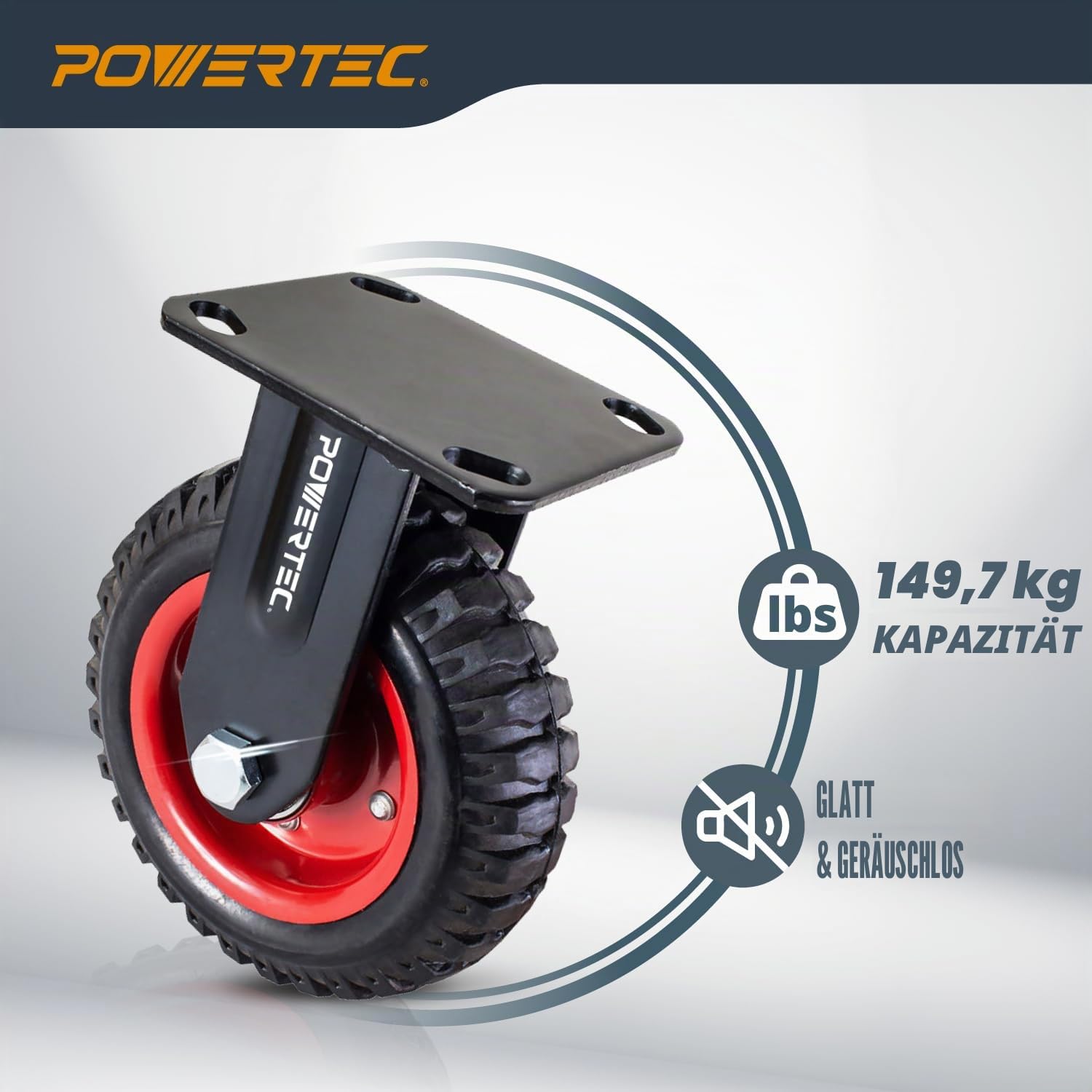 POWERTEC 17052V Feste Schwerlastrolle, 16,5 cm, 1 Stück, Schwarz, 15,2 cm